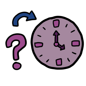 a purple clock is pointed at by a blue arrow and a purple question mark